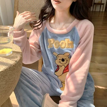 Disney Pooh Pijama Mercan Polar Sıcak Pijama kadın Kış Kalınlaşma Artı Kadife Karikatür Sevimli Ev Giysileri Flanel Takım Elbise