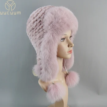 Kış Şapka Kadınlar İçin Sıcak Doğal Hakiki rex tavşan kürkü örgü şapkalar Earflaps İle Handsewn Moda Bombacı Şapka