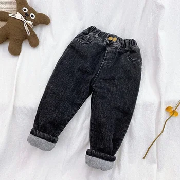 Çocuk Erkek Kot Rahat Kot Düz Renk Kalınlaşmak Termal Pantolon Çocuklar İçin Erkek Bebek Kış Giysileri Pamuk-yastıklı Sıcak Pantolon