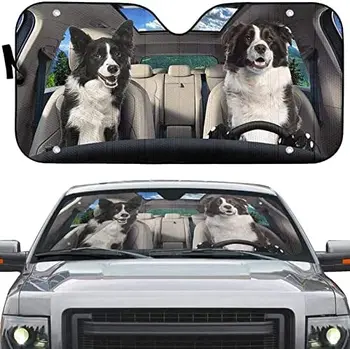 Border Collie Mutlu Çift Sürüş Güneşlik araç ön camı, Köpek Severler Köpek Baba Köpek Anne Hediyeler, 3D Border Collie Güneşlik, Uv