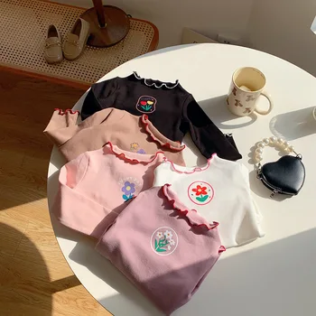 Çocuk Giyim 2022 İlkbahar Sonbahar Kore Tarzı Kızlar Agaric Kenar Taban Gömlek Çocuk Uzun Kollu T Gömlek Yeni Bebek Rahat Üst