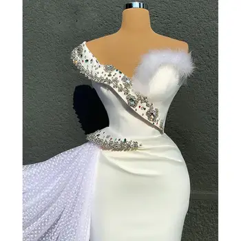 Beyaz V Yaka Tüy Kristal Boncuklu Abiye Mermaid Tren Balo Elbise Resmi Ziyafet Parti Konak Elbise Özel