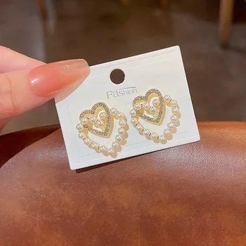 Yeni Klasik Kadın Kalp inci düğme küpe moda takı