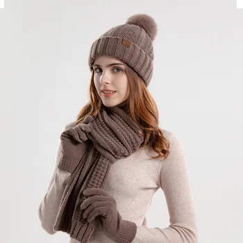 3 adet / takım Kış kadın Kalın Bere Şapka boyun eşarbı Dokunmatik Eldiven ile Örme Şapka Moda Kalın Sıcak Kaput Şapka Setleri kadın için