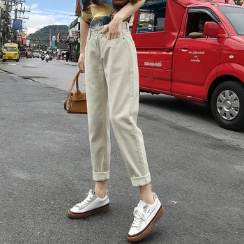 Baggy Kot Kadın Yüksek Bel Geniş Bacak Harem Ayak Bileği Uzunlukta Pantolon Anne Kot Kayısı Düğme Cepler kargo pantolon Kadın 2022 Yeni