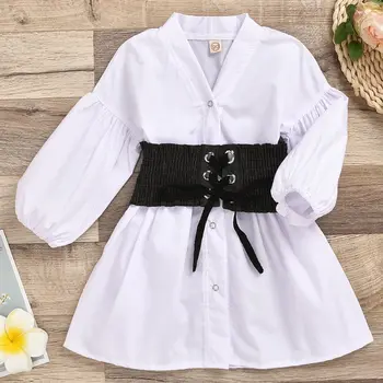 Bebek Kız Pamuk Beyaz Nokta Bluz Elbise + Streç Benim Kuşak 2 adet Çocuk Giyim Seti Toddler kızın Uzun T Shirt Kıyafetler