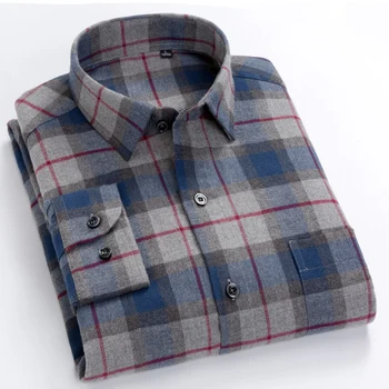 Pamuk Fırçalanmış Flanel Damalı Ekose Gömlek Erkekler için Uzun Kollu Rahat Sıcak Giyim Casual Düğme yaka Gömlek
