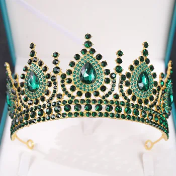 KMVEXO Barok Yeşil Kırmızı AB Rhinestone Kristal Kraliçe Büyük Taç Düğün Tiara Kadınlar Güzellik Yarışması Diadem Parti saç aksesuarları