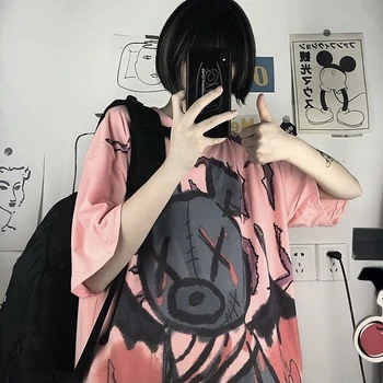 Harajuku Pastel Goth Tshirt Pembe Kawaii T Shirt Kadın Kız Kore Peri Grafik Elbise Streetwear Gotik Giyim
