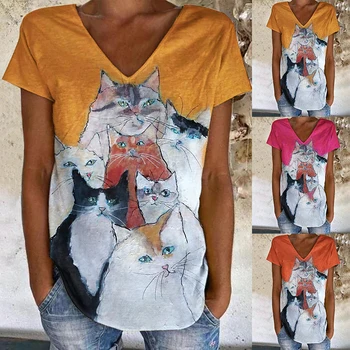 2022 Yaz Kadın Sevimli Kedi baskı tablo T Shirt V Boyun Kısa Kollu Casual Kazak Artı Boyutu Ulusal 3D Baskılı Yeni
