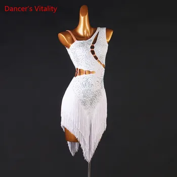 Latin Dans Elbise Püskül Uzun Etek Elmas Çivili Performans Giyim High-End Özel Kadın Çocuk Yetişkin Rekabet Giyim