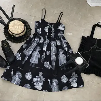Gotik Lolita Cadılar Bayramı Antika Bebek Askısı Baskılı Koyu Elbise Kolsuz Lolita JSK Elbise