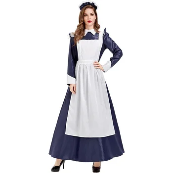 Avrupa klasik hizmetçi butler üniforma koyu mavi uzun elbise elbise kabarcık kollu Avrupa ve Amerikan garson üniforma etek