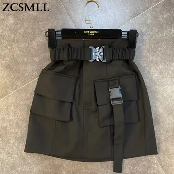 ZCSMLL yaz sonbahar 2021 kadın etekler kemer ile bel cep dekorasyon yas sokak moda yüksek bel siyah vintage etek