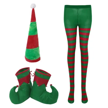 Noel Partisi Cosplay Kostüm Peluş Komik Elf Şapka ve büyük ayakkabı Şerit Kostüm Tam Ayaklı Tayt Külotlu Seti