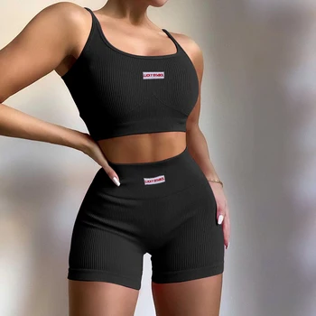 Yaz Seksi Bayanlar Spor İki Parçalı Set Spagetti Kayışı Bodycon Kırpma Üst Kısa Pantolon Mektubu Baskı Eşofman Kıyafetler Kadınlar için