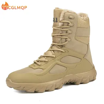 Yeni Kış Ayakkabı Askeri Taktik Erkek Botları Özel Kuvvet Deri Sıcak Peluş Çöl Savaş yarım çizmeler erkek ayakkabısı Artı Boyutu
