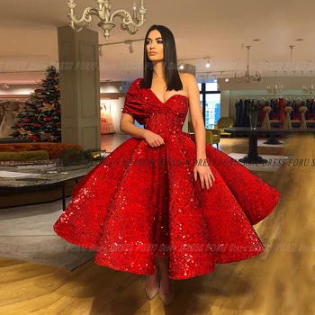 Muhteşem Kırmızı Kadife Ayak Bileği Uzunluğu Balo Elbise Bir Omuz Kolsuz parlak pullar Ünlü Parti Kıyafeti kadın Giyim İçin Feista