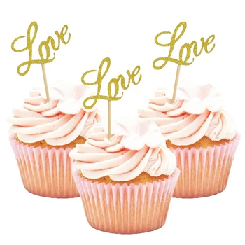 10 adet Glitter Aşk Kek Düzelticiler Düğün Nişan Gelin Duş Kek Süslemeleri, Parti İyilik için Seçer Pasta 