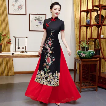 Yüksek Kaliteli 5XL Aodai Qipao Elbise Çince Geleneksel Kadın Nakış Çiçek 4XL Cheongsam Yenilik Çin Resmi Parti Elbise