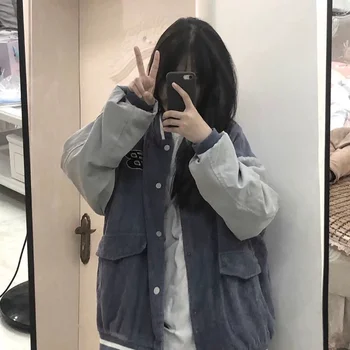QWEEK kadın ceketi Harajuku Beyzbol Ceket Büyük Boy BF Tarzı Kadife Çift Eklenmiş Kpop Moda Düğme Sonbahar Giyim