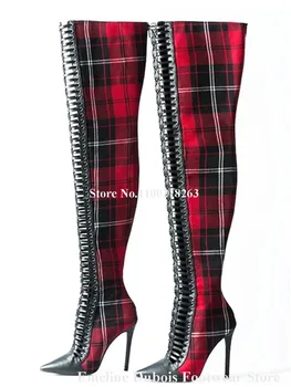 Kadınlar Seksi Kırmızı Ekose Uzun Çizmeler Emeline Dubois Sivri Burun Cut-out Stiletto Topuk Over-the-Diz Sapanlar Çapraz Çizmeler Kulübü Ayakkabı