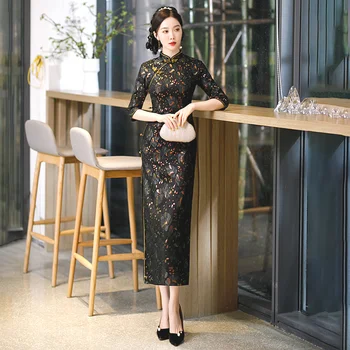 Sheng Coco Geliştirilmiş Modern Siyah Dantel Cheongsam Oryantal Tarzı Elbiseler Mizaç Kadınlar Akşam Uzun Elbise Elegaht Yarım Kollu