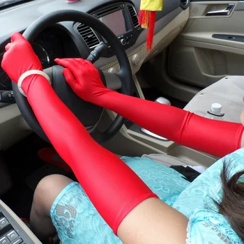 EFINNY Klasik Yetişkin Uzun Eldiven Siyah Beyaz Kırmızı Gri Cilt Darbe Streç Saten Parmak Sineklik Eldiven Eşleşen Kostüm Sürücü