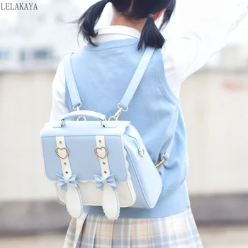 Kawaii İlmek Mavi JK Çantası Öğrenci Üniforma PU Deri Sırt Çantası Cosplay Lolita omuz çantaları Flip Çanta Kadın Tote 3 Yollu