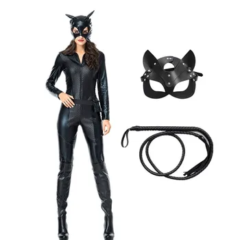 Kadınlar İçin Kostüm Halloween Kedi Faux Deri Tulum Kamçı Ve Kedi Maskesi ile Cosplay Üniforma Gece kulübü Parti Bodysuit Seksi Uygun 