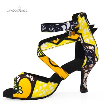 Evkoodance Yeni Varış Renkli Sarı 7 cm Küçük Burnu açık Ayak Bileği Kayışı Tango Sandal Ayakkabı Kadın Latin Salsa Balo Salonu Dans Ayakkabıları