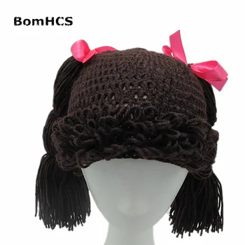 BomHCS Sevimli Pigtail Peruk Bere kadın Kız Örgü Şapka 100 % El Yapımı Örme Kış Hediye
