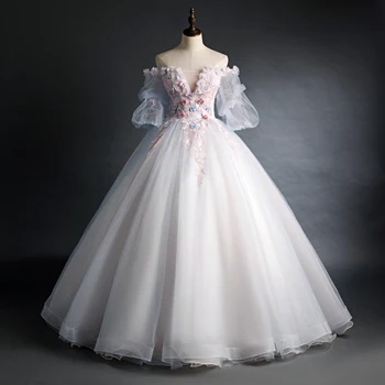 gerçek 3d tutu çiçekler nakış peçe kabarcık kollu balo ortaçağ elbise Rönesans elbise kraliçe Victoria Belle balo