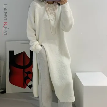 LANMREM Kore kadın Kalınlaşmış Yüksek Bel Bölünmüş Şekli Moda Uzun Örme Kazak Kadın Streetwear Kazaklar 2C430