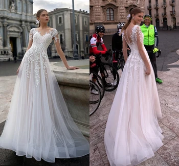 Düğün elbisesi Prenses A-Line Tül Organze V Yaka Kat Uzunluk Dantel Aplikler gelin kıyafeti Kolsuz Zarif Custom Made Tül