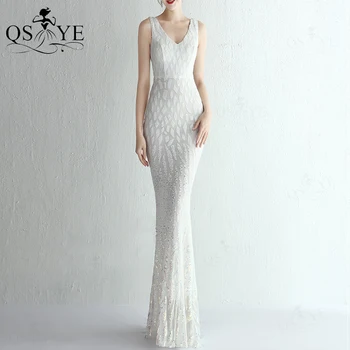 Renkli Dantel Beyaz Gelinlik Pullu V boyun gelin kıyafeti Kolsuz gelinlik Gömme Mermaid Düğün Şık Evlilik Elbisesi