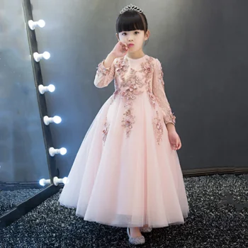 Yeni Varış Pembe Tül Zarif Dantel Prenses Kız Elbise Ayak Bileği Uzunluk Vaftiz Parti Balo Elbise Kız Düğün Doğum Günü Elbisesi