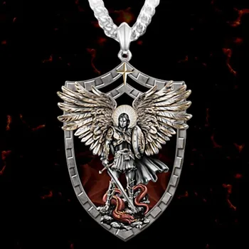 Erkek Mücevher Savaşçı Guardian Kutsal Melek Aziz Michael Kolye Kolye Erkekler Paslanmaz Çelik Şövalye Kalkanı Takı Hediye Yaka