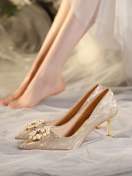 Fransız Yüksek Topuklu Düğün Ayakkabı düğün elbisesi İki gelin ayakkabıları Yaz Nedime Elbisesi Ayakkabı Kristal Stiletto Ayakkabı