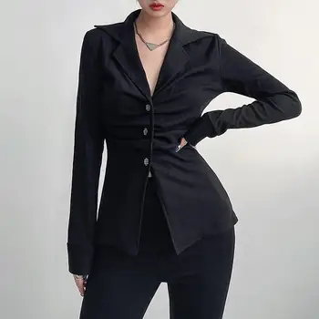Deeptown Siyah Sıkı Gömlek Kadın Zarif Uzun Kollu bluz V Yaka Düğmesi Bayanlar Mujer Bahar 2022 Moda İnce Giysiler