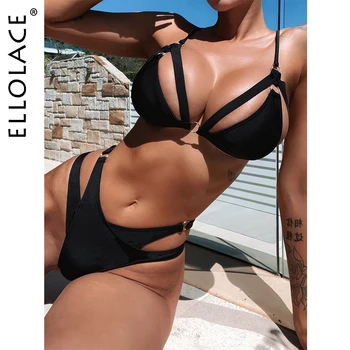 Ellolace Seksi kadın Mayo Bikini Oymak 2022 Brezilyalı Kadın Katı Push Up Üçgen Mayo Siyah 2022 Sıcak Plaj Kıyafeti