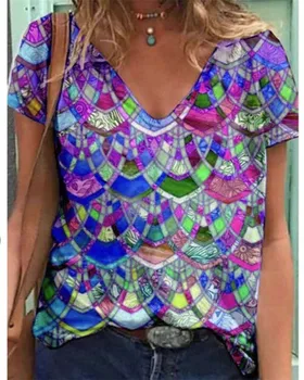 3D Çiçek Ağacı Baskı V Boyun Kravat Boya Sokak Üst Kadın Yaz Konfor kısa kollu Tişört 2022 Yeni T Shirt Elbise
