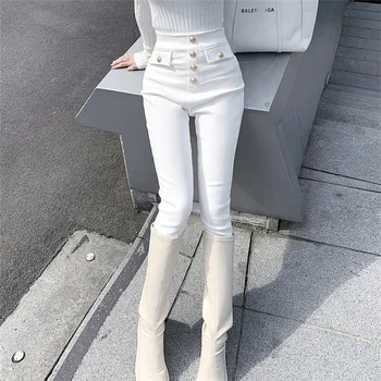 Yüksek Bel Sıska Beyaz kalem pantolon Kadın Rahat Klasik Düğme dekorasyon Pantolon Kadın Kore Tarzı Katı Streç Pantolon