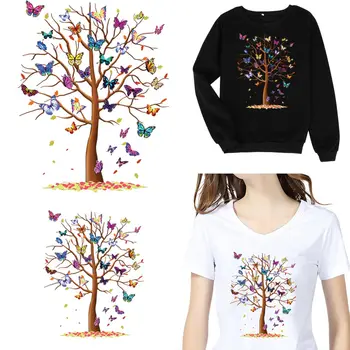 Güzel Ağaç ısı çıkartmalar T-shirt DIY yıkanabilir Demir On Transferler giysi Renk kelebek yamalar giyim aplike