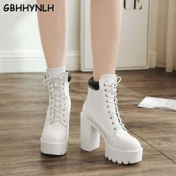 GBHHYNLH kadın siyah çizmeler deri lace up Platformu Çizmeler Sonbahar Yüksek Topuklu kış kar yarım çizmeler Beyaz Lastik çizmeler LJA823