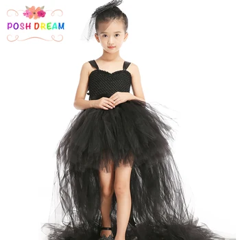 POSH RÜYA Kızlar Siyah Tutu Elbise Uzun Tren Tül Bebek Çiçek Kız düğün elbisesi Çocuklar Bebek Cadılar Bayramı Akşam Parti Elbiseler