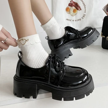 Lucyever Patent Deri platform ayakkabılar Kadınlar için 2022 Sonbahar Rahat Lace Up Flats Kadın Siyah Kalın Taban Oxford ayakkabı Kadın