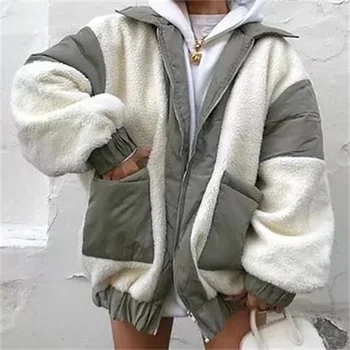 TRAF Kadınlar 2021 Moda Kalın Sıcak Polar Panelli Ceket Vintage Yaka Uzun Kollu Cepler İle Giyim Streetwear
