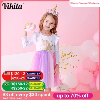 VIKITA Kızlar Unicorn Elbise Çocuk Düğün Parti Prenses Elbise Çocuk Giysileri Uzun Kollu Elbiseler Çocuk Tutu Vestidos
