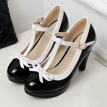 Askısı kadın yüksek topuklu lolita ayakkabı mavi pembe büyük boyutu 43 44 33 45 46 AGODOR t ayakkabı platformu patent deri kadın siyah 
